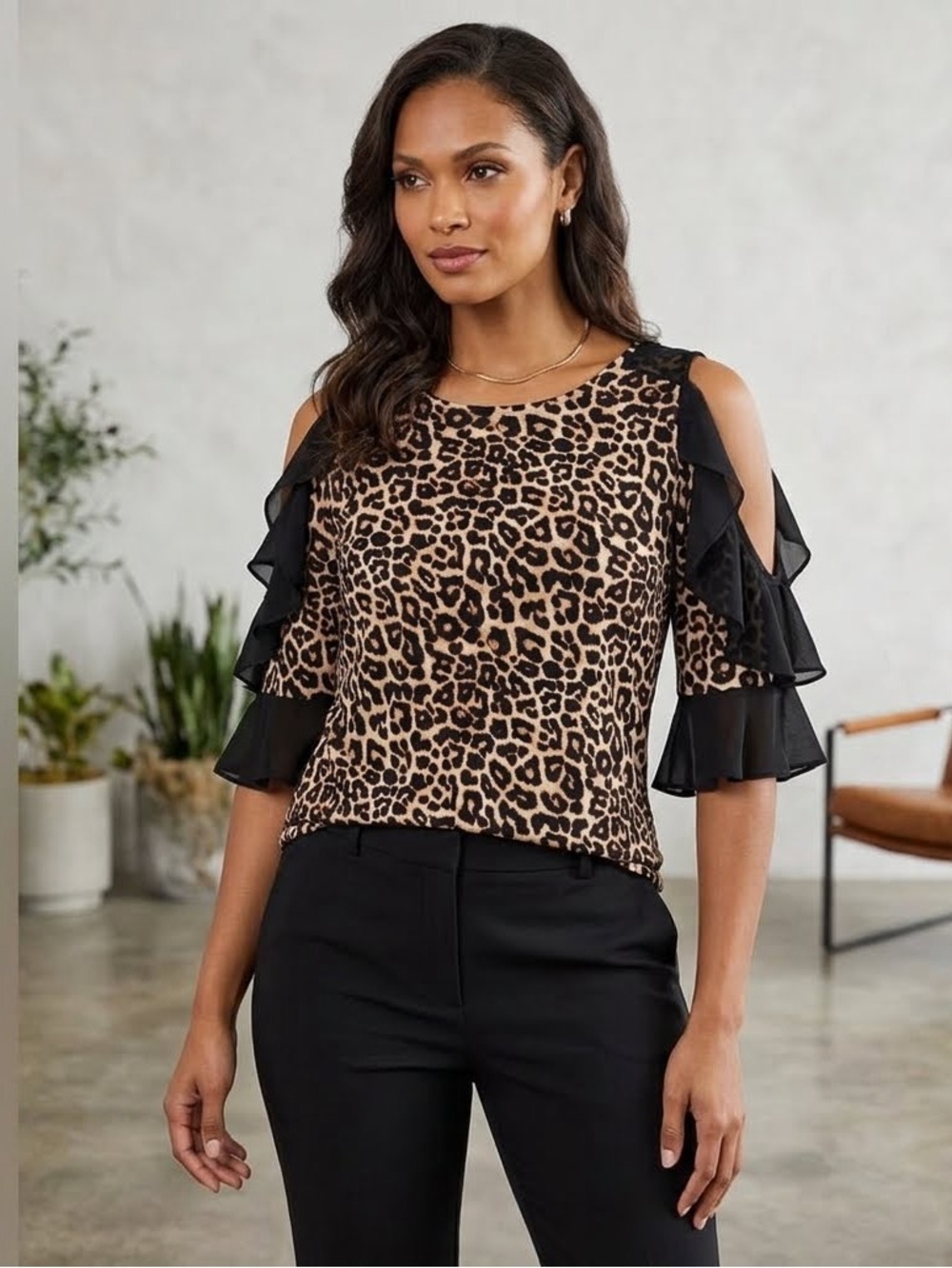 BOLD Elements | Leopard Print Blouse with Cold Shoulder Ruffled Sleeves Medium